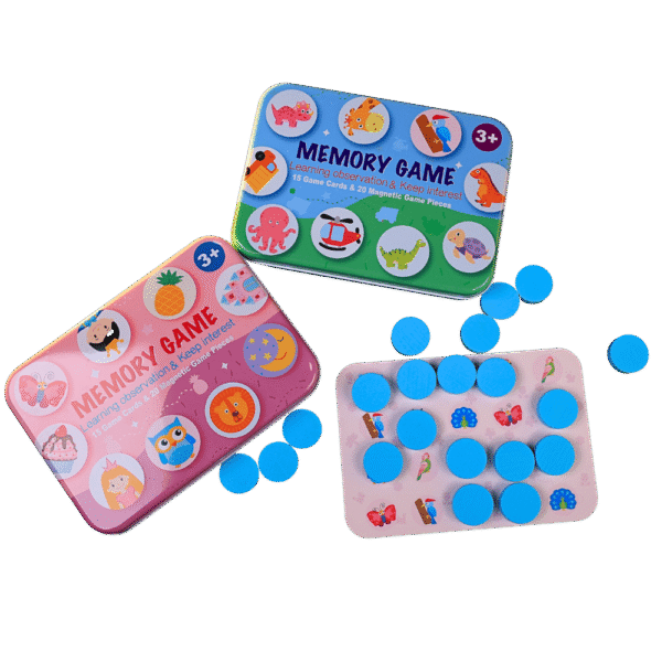 Magnetic memory game with picture matching wooden coins