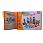 Toddler stacking colourful wooden shape pieces on bear stacker toy