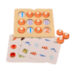 Child playing with wooden memory matching game tiles