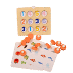 Child playing with wooden memory matching game tiles