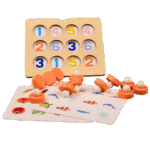 Child playing with wooden memory matching game tiles