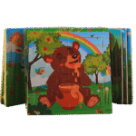 Wooden puzzle pieces arranged on a table