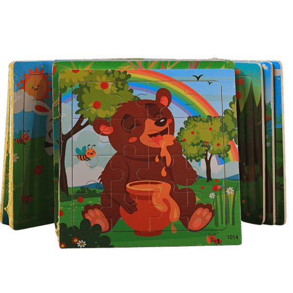 Wooden puzzle pieces arranged on a table