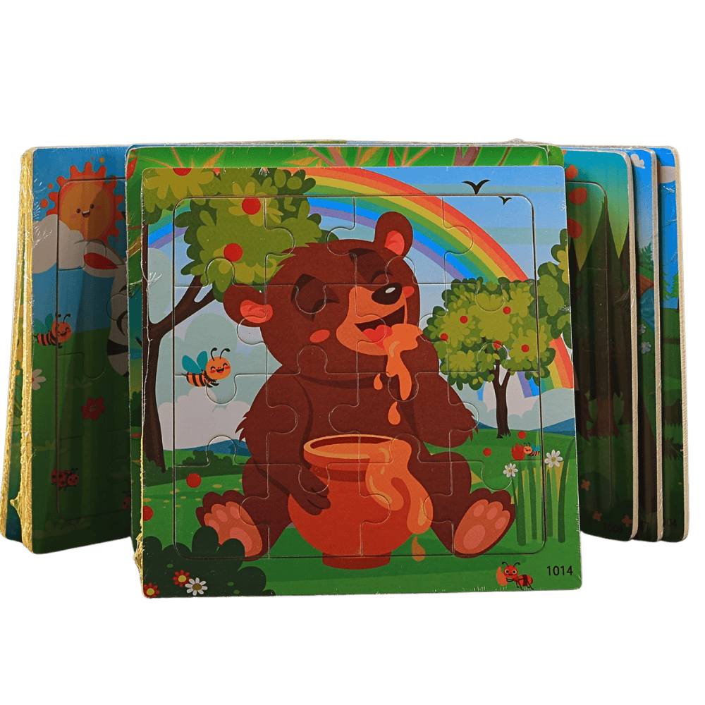 Wooden puzzle pieces arranged on a table