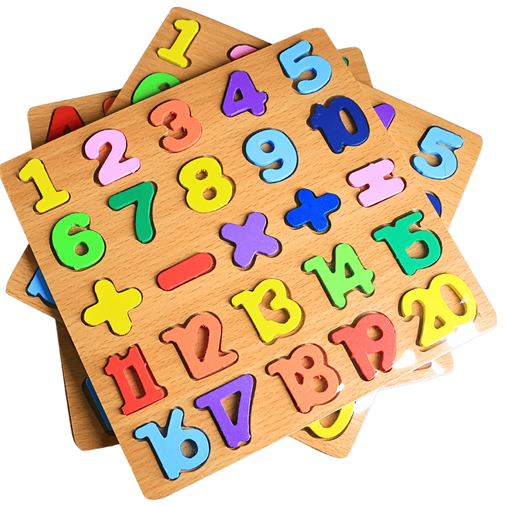 Preschool number puzzle board with wooden pieces