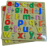 Wooden ABCD puzzle board with colorful pictures