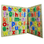 Wooden ABCD puzzle board with colorful pictures