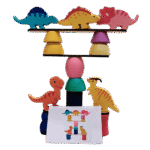 Colorful dinosaur balance toy pieces on table for kids