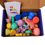 Colorful dinosaur balance toy pieces on table for kids