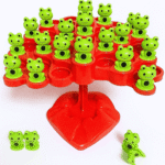 Frog balance game board with colorful pieces