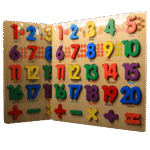 Wooden 1234 number puzzle board with colorful images