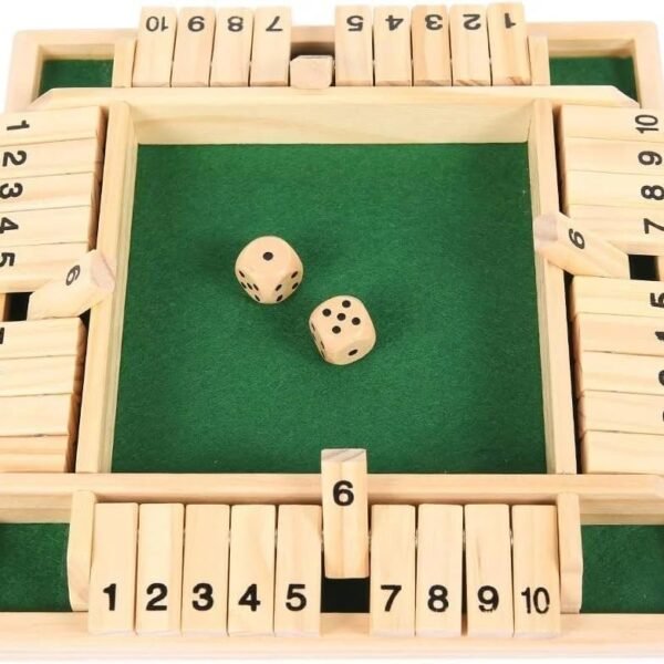 Wooden Shut The Box game board with dice ready to play