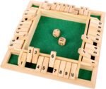 Wooden Shut The Box game board with dice ready to play