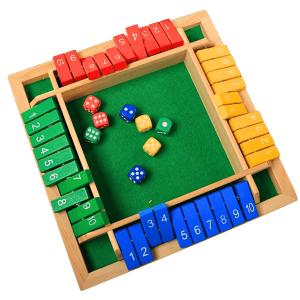Wooden Shut The Box game board with dice ready to play