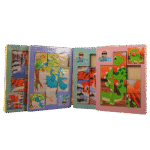 Wooden sliding puzzle board with picture tiles