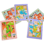 Wooden sliding puzzle board with picture tiles