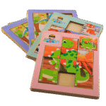 Wooden sliding puzzle board with picture tiles