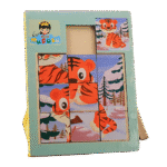 Wooden sliding puzzle board with picture tiles