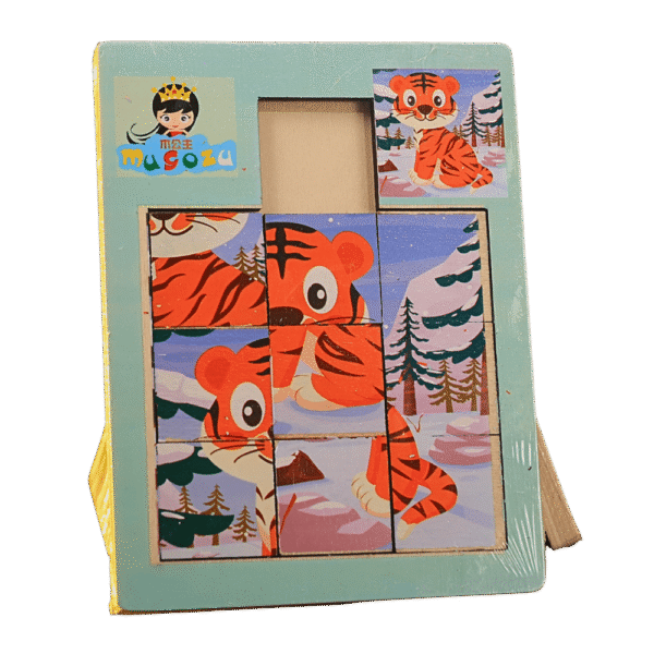 Wooden sliding puzzle board with picture tiles