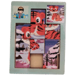 Wooden sliding puzzle board with picture tiles