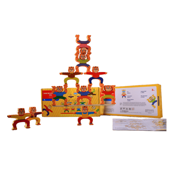 Tiger balancing wooden blocks stacked for kids game
