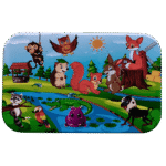 Wooden jigsaw puzzle pieces inside a tin box