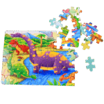 Wooden jigsaw puzzle pieces inside a tin box