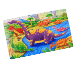 Wooden jigsaw puzzle pieces inside a tin box