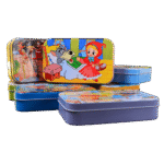 Wooden jigsaw puzzle pieces inside a tin box