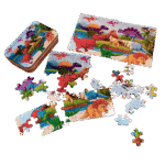 Wooden jigsaw puzzle pieces inside a tin box