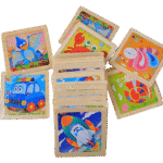 Colorful 3×3 block puzzle pieces arranged on table