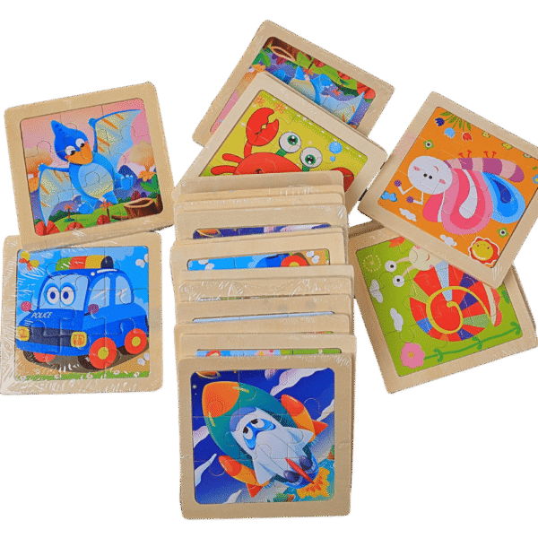 Colorful 3×3 block puzzle pieces arranged on table