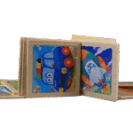 Colorful 3×3 block puzzle pieces arranged on table