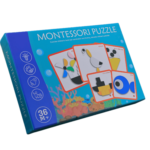 Bright wooden puzzle pieces for Montessori learning