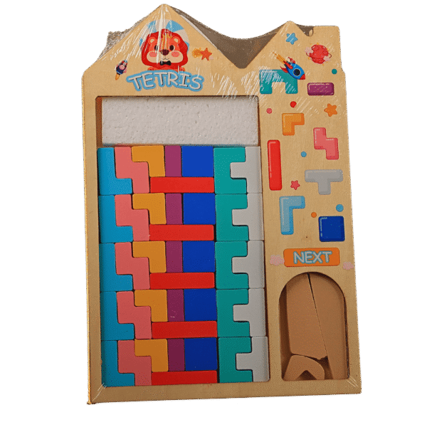 Wooden 3D Tetris puzzle pieces arranged on table