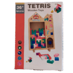 Wooden 3D Tetris puzzle pieces arranged on table