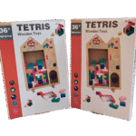 Wooden 3D Tetris puzzle pieces arranged on table