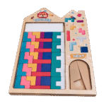 Wooden 3D Tetris puzzle pieces arranged on table