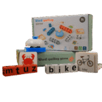 Wooden alphabet spelling game with bell on table