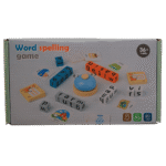 Wooden alphabet spelling game with bell on table