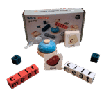 Wooden alphabet spelling game with bell on table